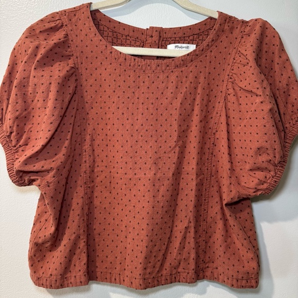 Madewell Jacquard Puff Sleeve Top Micro Cross Clove 10 Button Crop Boho Woven - Picture 1 of 6